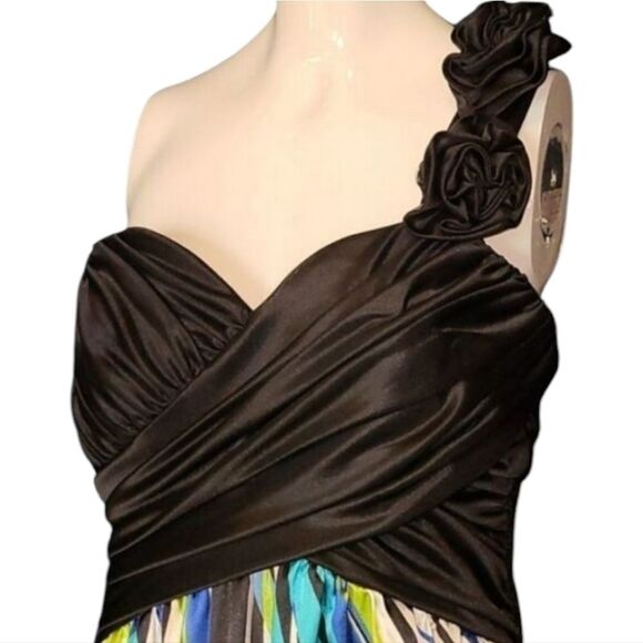 My Michelle One Shoulder Peacock Maxi Dress Colorful Satin Sweetheart Rosette - Picture 3 of 15